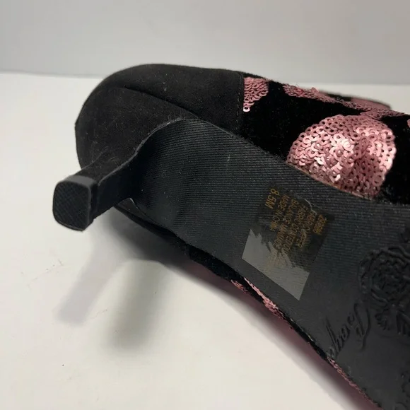 JOAN BOYCE Ankle Boots Black Velvet Rose Pink Sequins Size 8.5M -NEW - Picture 7 of 9
